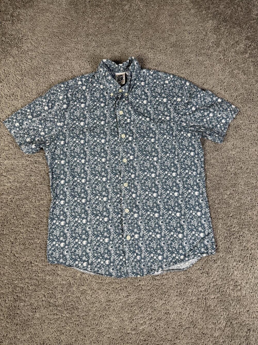 Kennington Shirt Mens M Blue Rocket Space Planet Print Short Sleeve Button-Up